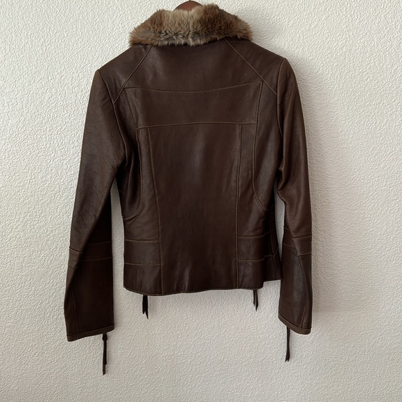 XS Marc New York Genuine Leather Brown Zip up Bomber Jacket removable fur collar - Picture 10 of 13